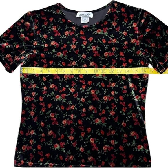 Agenda Black Red Floral Velvet Stretch Short Sleeve Top Sz S Vintage Made In USA - Picture 8 of 9